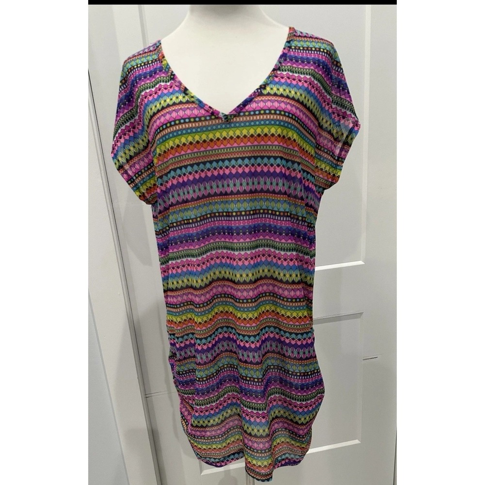Anne Cole Women L/XL Swim Cover Up Multicolor Geometric Mesh V-Neck Tunic